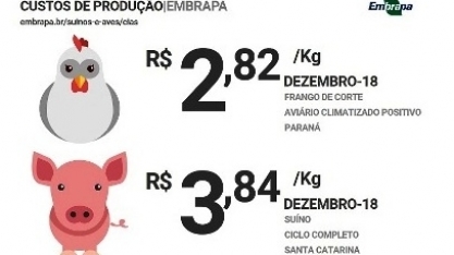 Custo de produção de frango de corte sobe 14,21% em 2018 e de suínos 9,85%