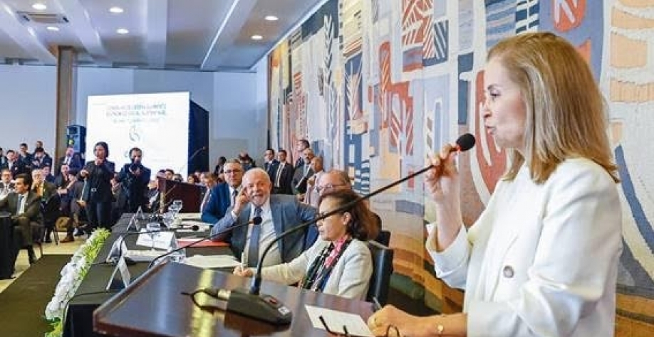 Observada pelo presidente Lula, a pecuarista e socióloga Teresa Vendramini discursa na sessão inaugural do Conselho de Desenvolvimento Econômico Social Sustentável - Ricardo Stuckert/PR